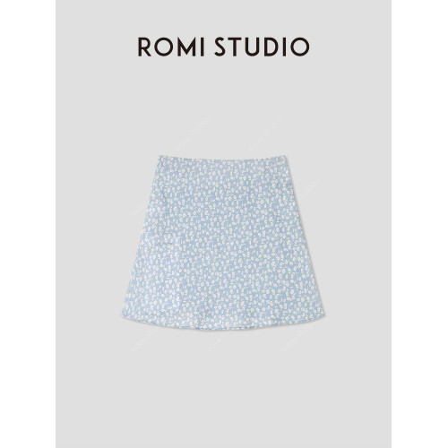 ROMI STUDIO 法式優雅淺藍碎花斜裁松緊腰A字半身短裙RWCRXY3698