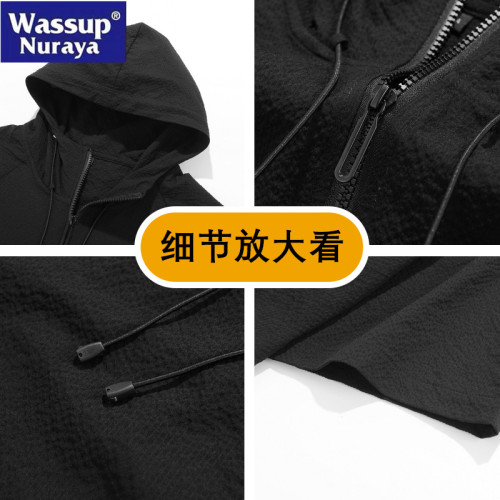 WASSUP Nuraya潮牌連帽短袖T恤男夏季2025新款半拉鍊寬松體恤衫