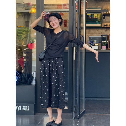 浪清 100亞麻波點半身裙女夏薄款顯瘦裙子小個子A字中長裙大擺裙