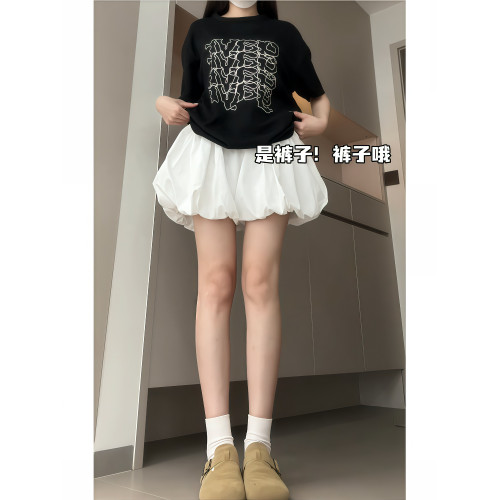 白色蓬蓬花苞短裙褲女大碼胖mm高腰顯瘦遮胯設計感a字芭蕾褲裙子