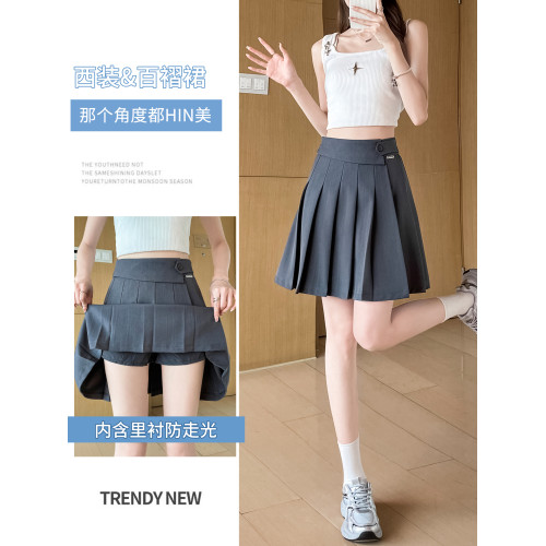 拉夏貝爾灰色西裝百褶裙女夏季薄款高腰顯瘦a字防走光學院風短裙