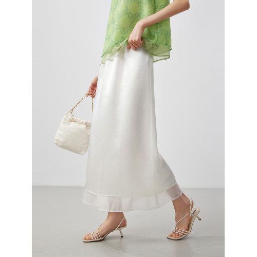 米家好品質 朦朧歐根紗拼接 緞面醋脂開衩垂感高腰半身裙女25夏-