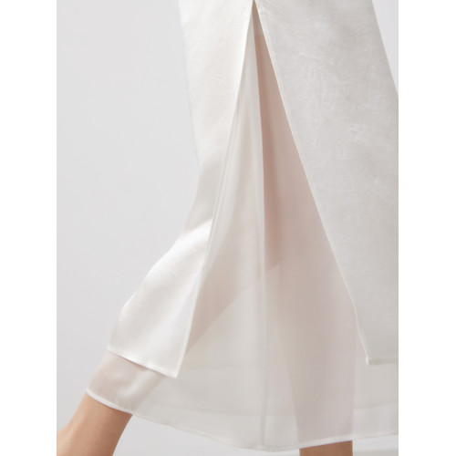 米家好品質 朦朧歐根紗拼接 緞面醋脂開衩垂感高腰半身裙女25夏-