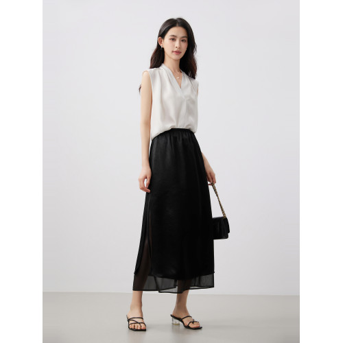 米家好品質 朦朧歐根紗拼接 緞面醋脂開衩垂感高腰半身裙女25夏-