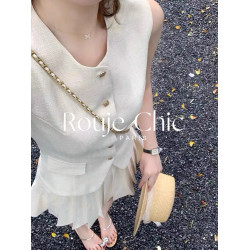 法國rouje chic夏季法式高級感無袖馬甲上衣女高腰百褶短裙兩件套