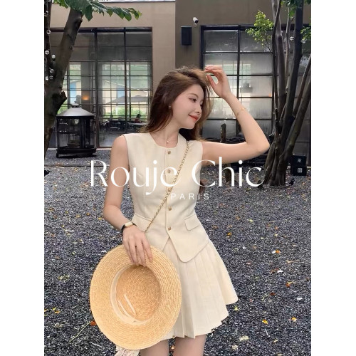 法國rouje chic夏季法式高級感無袖馬甲上衣女高腰百褶短裙兩件套