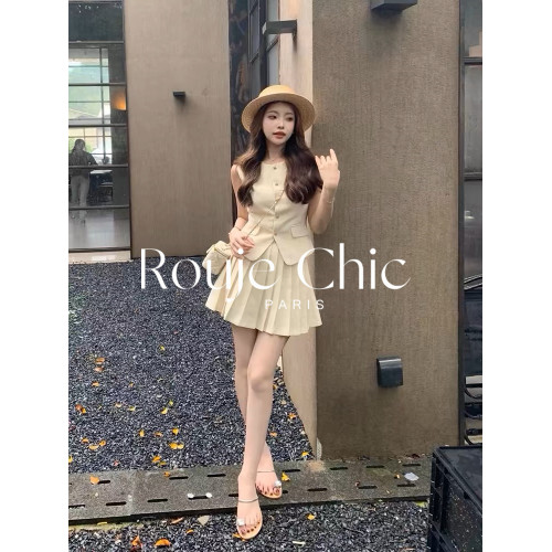 法國rouje chic夏季法式高級感無袖馬甲上衣女高腰百褶短裙兩件套