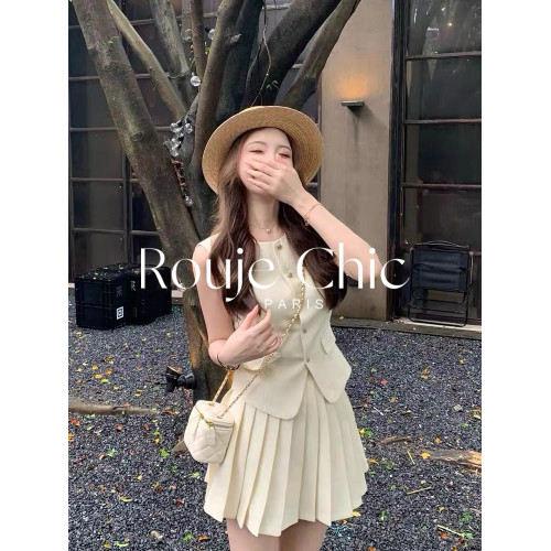 法國rouje chic夏季法式高級感無袖馬甲上衣女高腰百褶短裙兩件套