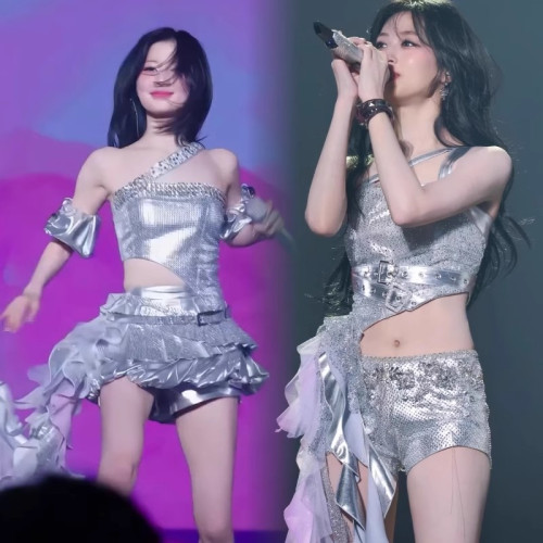 monster鄭雅嫻同款PU皮銀色打歌服kpop女團皮短裙舞蹈重工演出服