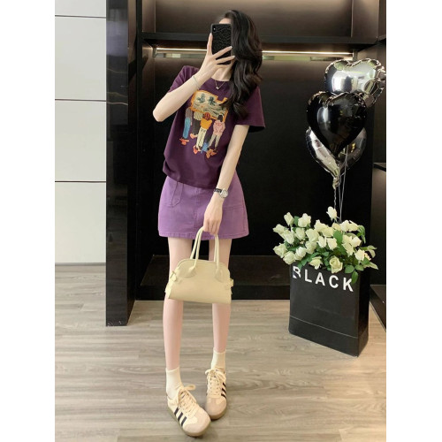 2025超火巨好看的紫色休閒牛仔套裝女夏減齡小個子短袖短裙兩件套