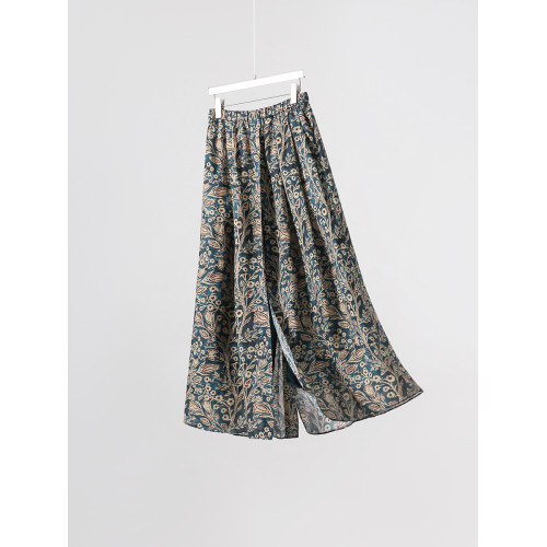 「步履生香」前後開叉設計+100%苧麻+珮斯利印花A字半身裙25年夏