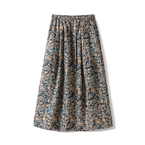 「步履生香」前後開叉設計+100%苧麻+珮斯利印花A字半身裙25年夏