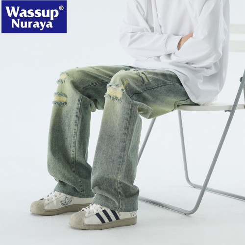 WASSUP NURAYA美式復古寬松破洞破牛仔褲男潮牌韓版新款垂感褲子