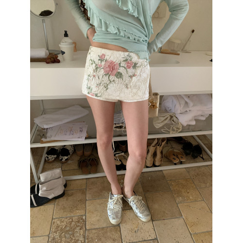 花筏NOTJUSTHIM綢緞皺原創印花低腰短裙褲