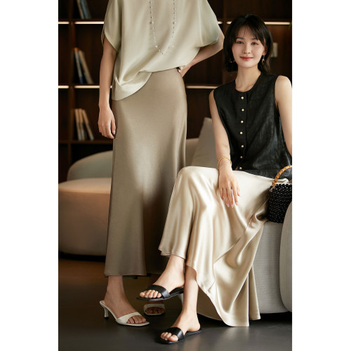 雙版【關山月】進口垂感鎏光三醋酸優雅中長款斜裁半身裙夏新の