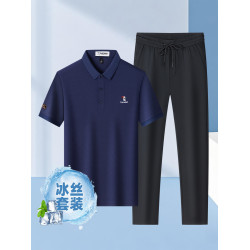 啄木鳥夏季商務翻領短袖POLO衫+冰絲涼感休閒褲子爸爸T恤男套裝H
