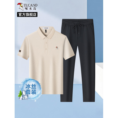啄木鳥夏季商務翻領短袖POLO衫+冰絲涼感休閒褲子爸爸T恤男套裝H