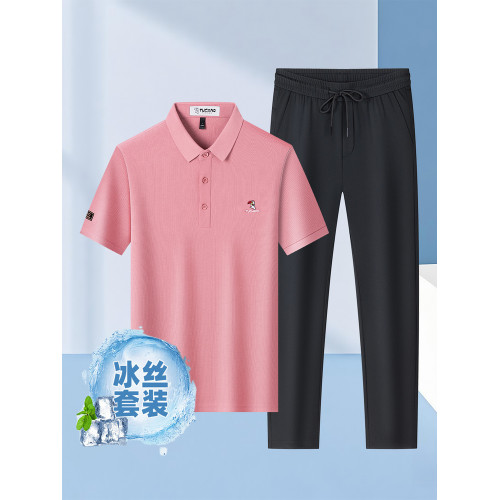 啄木鳥夏季商務翻領短袖POLO衫+冰絲涼感休閒褲子爸爸T恤男套裝H