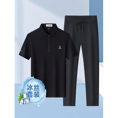 啄木鳥夏季商務翻領短袖POLO衫+冰絲涼感休閒褲子爸爸T恤男套裝H