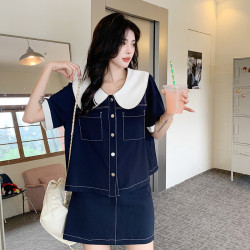 復古撞色娃娃領拼接牛仔襯衫短裙兩件套女夏大碼時尚氣質顯瘦套裝