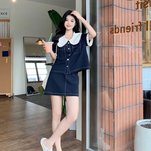 復古撞色娃娃領拼接牛仔襯衫短裙兩件套女夏大碼時尚氣質顯瘦套裝