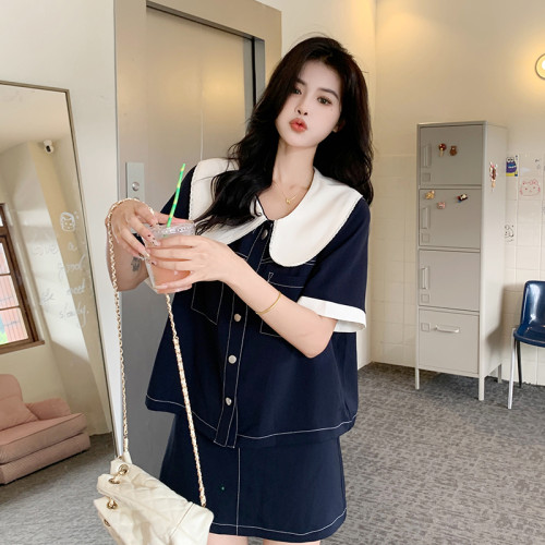復古撞色娃娃領拼接牛仔襯衫短裙兩件套女夏大碼時尚氣質顯瘦套裝