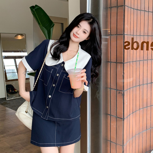 復古撞色娃娃領拼接牛仔襯衫短裙兩件套女夏大碼時尚氣質顯瘦套裝