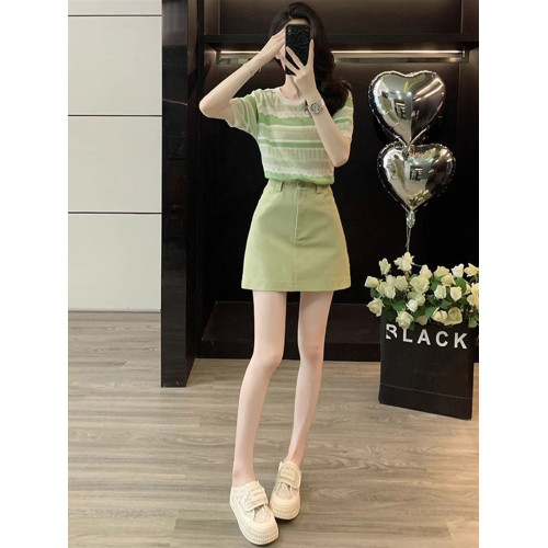 2025夏洋氣顯瘦條紋短袖T恤牛仔短裙兩件套小清新綠色時尚套裙女