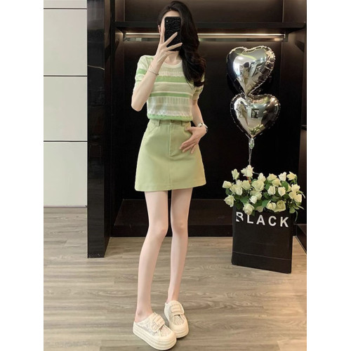 2025夏洋氣顯瘦條紋短袖T恤牛仔短裙兩件套小清新綠色時尚套裙女