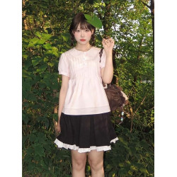 韓系甜美粉色泡泡袖短袖襯衫女2025夏季新款遮肉顯瘦娃娃領上衣