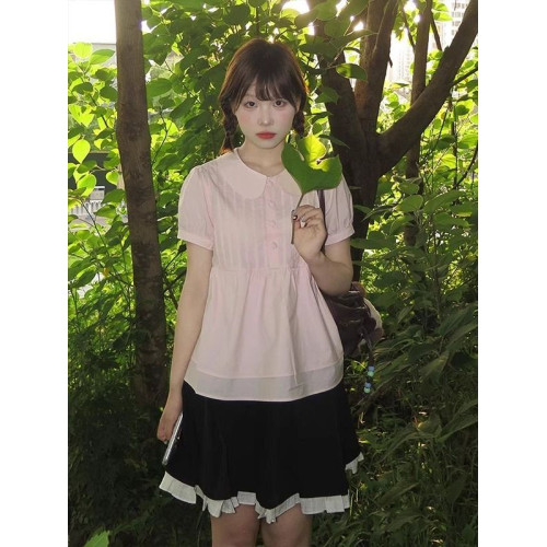 韓系甜美粉色泡泡袖短袖襯衫女2025夏季新款遮肉顯瘦娃娃領上衣