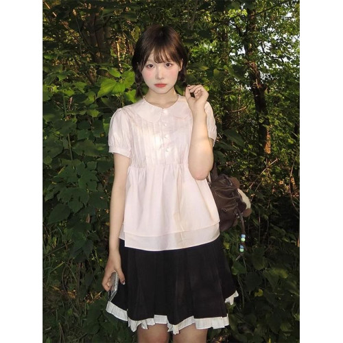 韓系甜美粉色泡泡袖短袖襯衫女2025夏季新款遮肉顯瘦娃娃領上衣