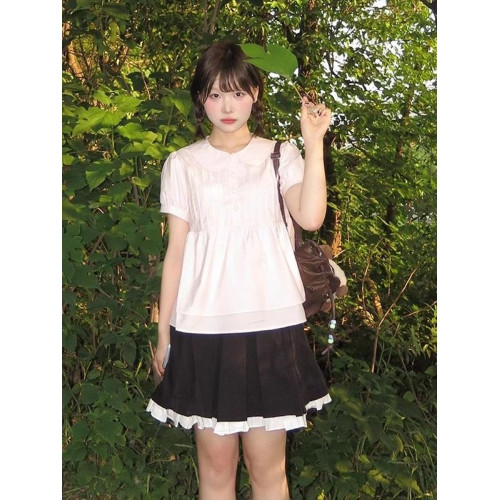 韓系甜美粉色泡泡袖短袖襯衫女2025夏季新款遮肉顯瘦娃娃領上衣