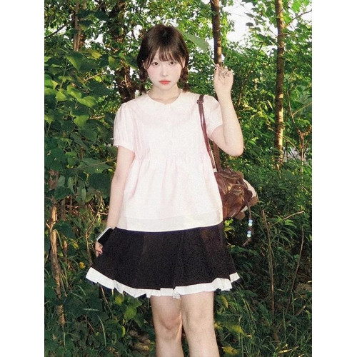 韓系甜美粉色泡泡袖短袖襯衫女2025夏季新款遮肉顯瘦娃娃領上衣