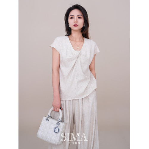 【SIMA思瑪高定】亞麻系列簡約氣質優雅女人味短袖襯衫7590