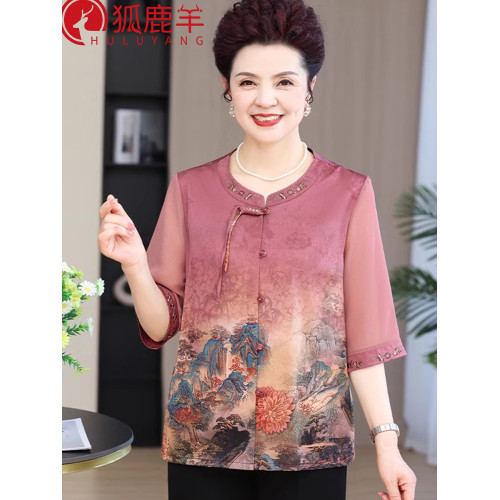 奶奶薄款唐裝開衫老太太夏裝衣服中老年人國風上衣女媽媽夏季襯衫