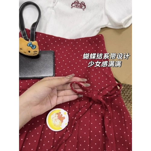 學院風辣妹修身顯瘦polo領短袖女新款蝴蝶結波點百褶短裙套裝
