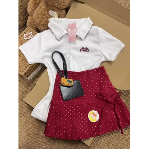 學院風辣妹修身顯瘦polo領短袖女新款蝴蝶結波點百褶短裙套裝