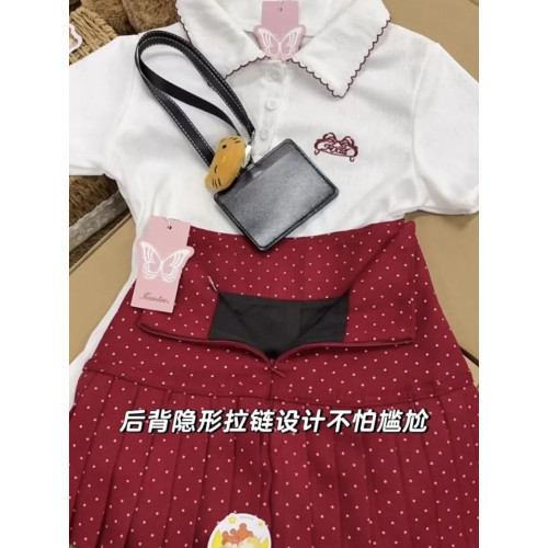 學院風辣妹修身顯瘦polo領短袖女新款蝴蝶結波點百褶短裙套裝