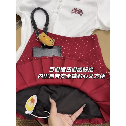 學院風辣妹修身顯瘦polo領短袖女新款蝴蝶結波點百褶短裙套裝