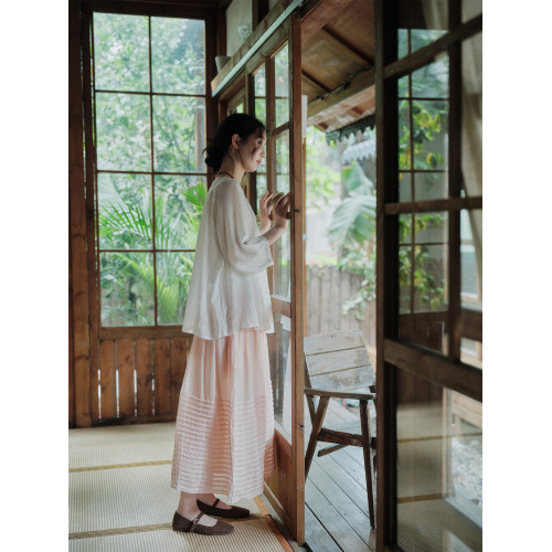 說與山聽「百褶苧麻」兩色高支苧麻半身裙松緊腰文藝日系女夏2740