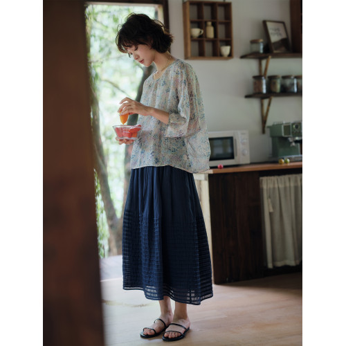 說與山聽「百褶苧麻」兩色高支苧麻半身裙松緊腰文藝日系女夏2740