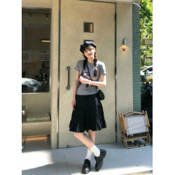 自製日系甜美黑色拼接半身短裙女夏季小個子設計感褶皺高腰蛋糕裙