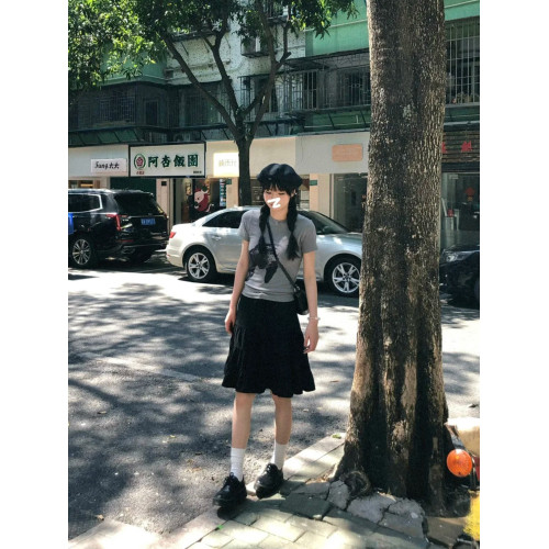 自製日系甜美黑色拼接半身短裙女夏季小個子設計感褶皺高腰蛋糕裙