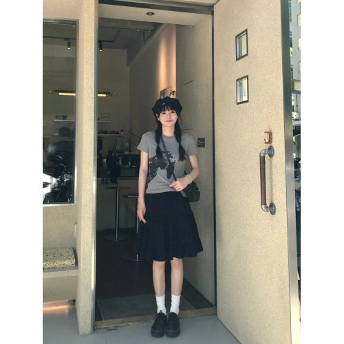 自製日系甜美黑色拼接半身短裙女夏季小個子設計感褶皺高腰蛋糕裙