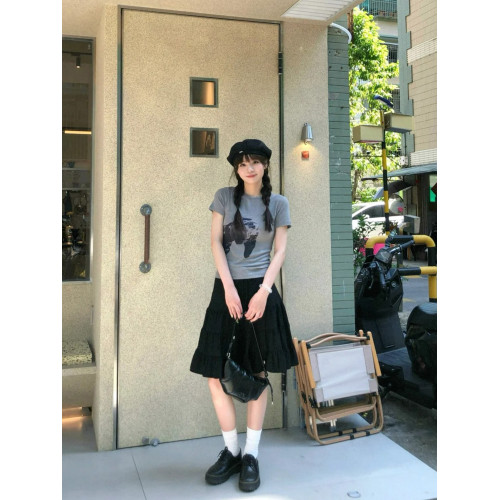 自製日系甜美黑色拼接半身短裙女夏季小個子設計感褶皺高腰蛋糕裙