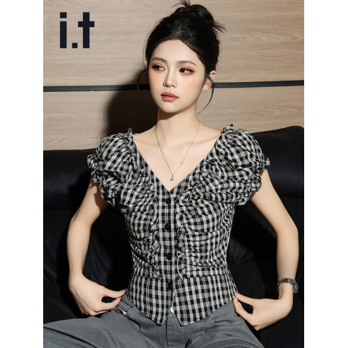 it izzue黑格V領泡泡短袖襯衫女2025夏季獨特小衫收腰甜辣上衣潮
