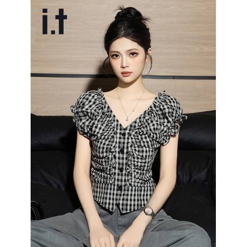it izzue黑格V領泡泡短袖襯衫女2025夏季獨特小衫收腰甜辣上衣潮