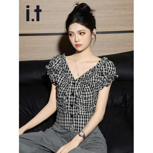 it izzue黑格V領泡泡短袖襯衫女2025夏季獨特小衫收腰甜辣上衣潮