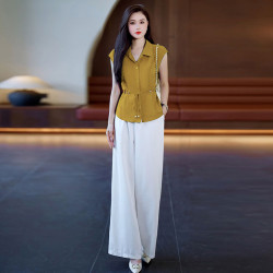 夏季時尚套裝女2025新款洋氣質收腰顯瘦無袖襯衫高腰濶腿褲兩件套